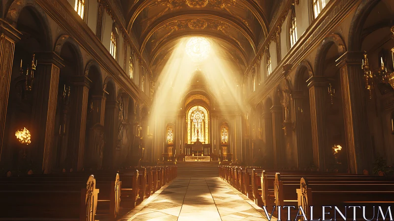 Sunlit interior of ornate cathedral nave with altar focus.
