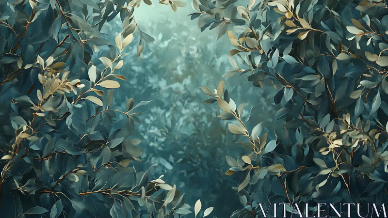 Dense teal foliage canopy with layered leafy branches.
