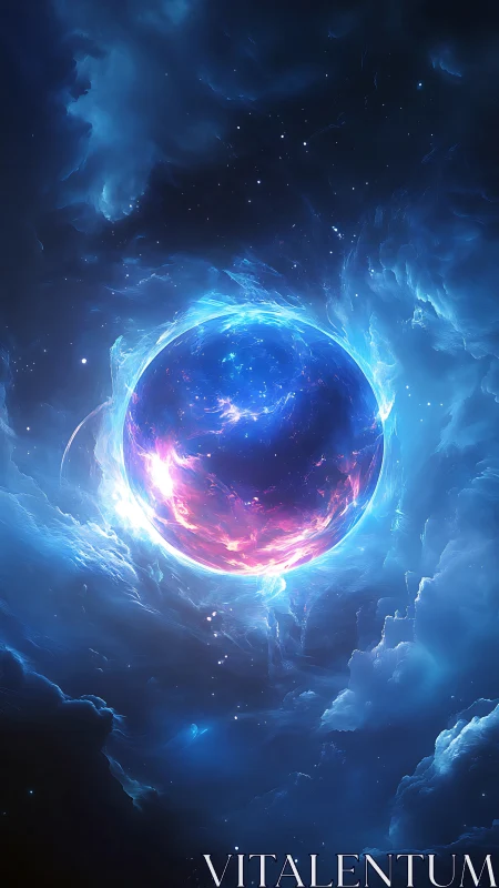 Starlit nebula cradle orbiting a luminescent newborn world.