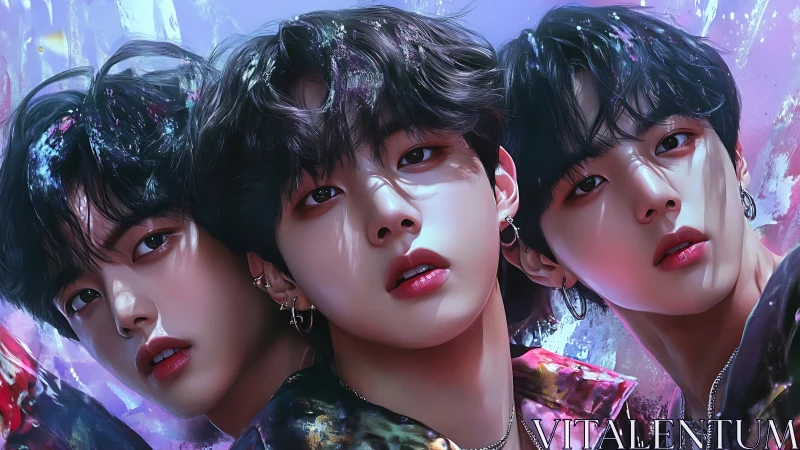 Digital triptych portrays stylized male faces in close view