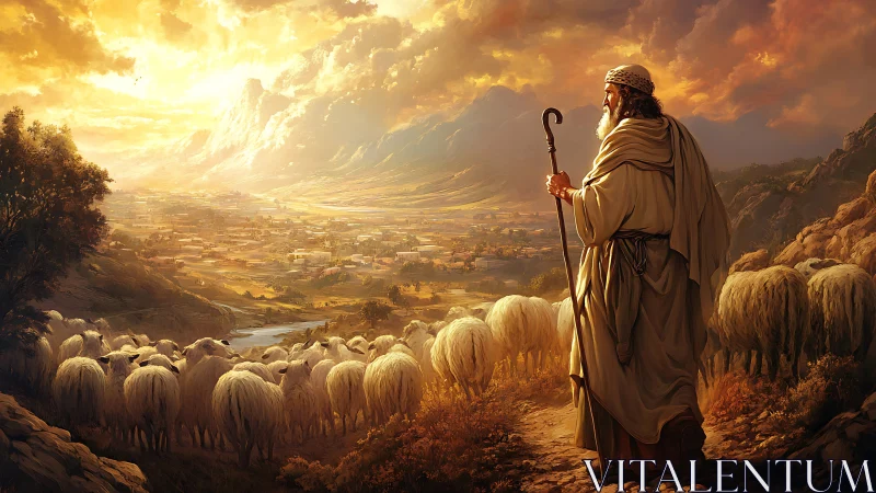 Sunlit shepherd guides his flock toward a distant promised valley