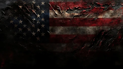 Tattered American flag texture under scorched dark metal