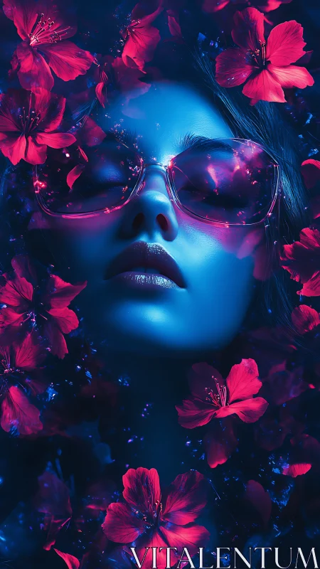 Dreamy neon portrait surrounded by glowing pink blossoms.