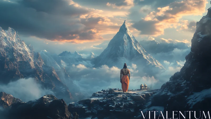 Solitary ascetic facing glacial mountain peak at sunrise