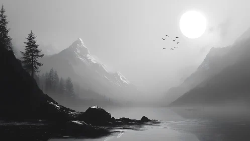 Monochrome mountain lake landscape with sun and distant birds.