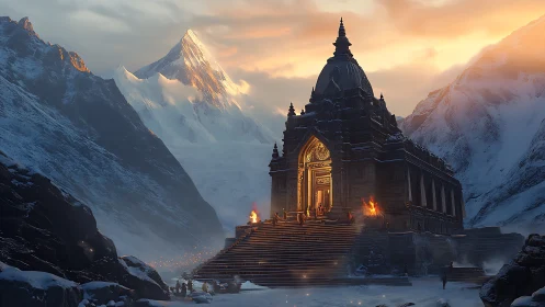 Ancient mountain temple glows against snowy twilight peaks.