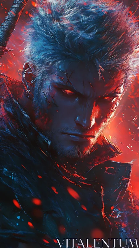 White-haired warrior with glowing red eyes stares forward