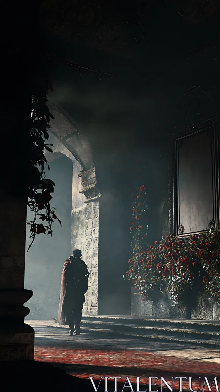 Cloaked wanderer crossing a rose-lit, forgotten arcade.