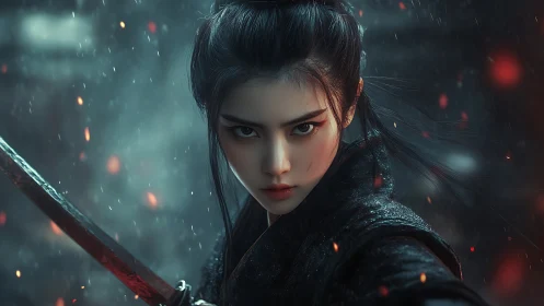 Steely-eyed warrior grips bloodied katana amid burning dusk.