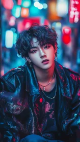 Neon-lit youth in glossy leather under blurred city glow.