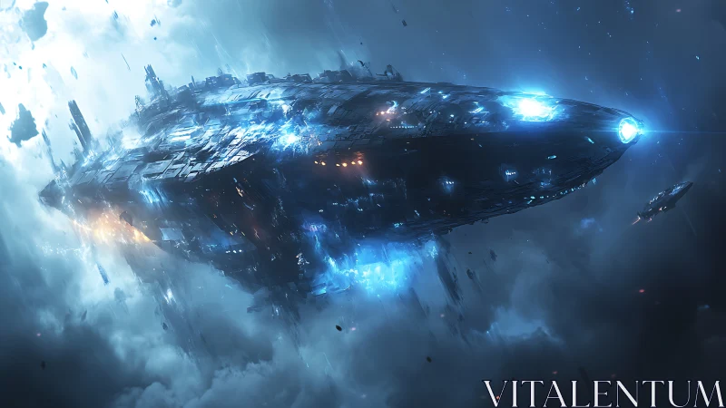 Massive angular starship with luminous thrusters cutting through nebula