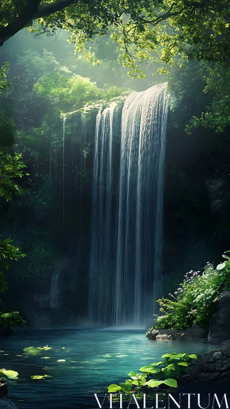 Tall forest waterfall pouring into calm turquoise pool.