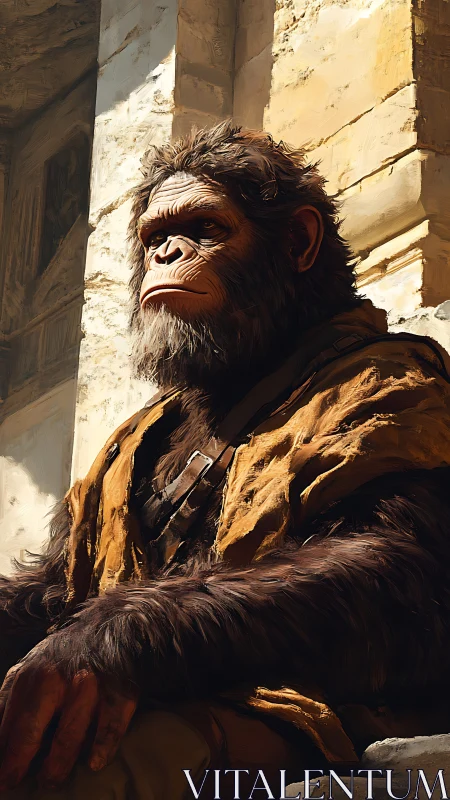 Heroic simian portrait in sunlit architectural setting.