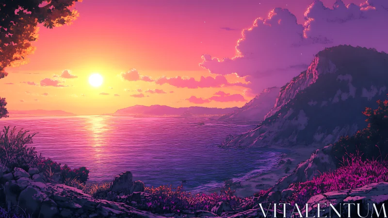 Sunlit lavender shores under a dreamy coastal sunset.