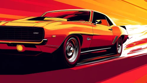 Muscle car illustration accelerates across bright gradient backdrop
