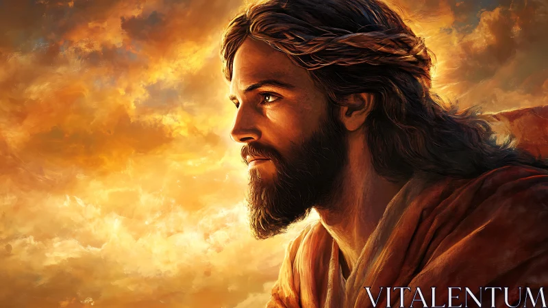 Side profile portrait of robed man against luminous sky