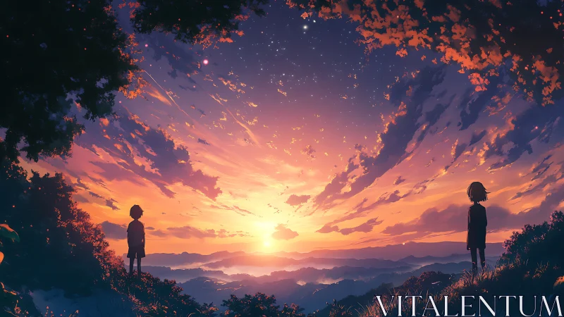 Anime sunset horizon with silhouetted figures and celestial skyscape.