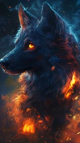 Volumetric-lit infernal wolf portrait with emissive embers glow