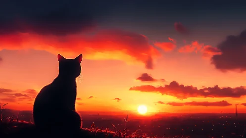 Sunset quiet with a curious cat on a glowing horizon.