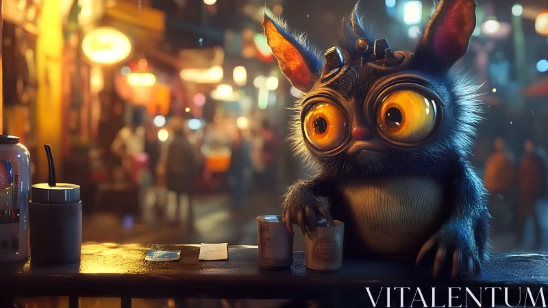 Wide-eyed night market creature sharing a quiet snack.