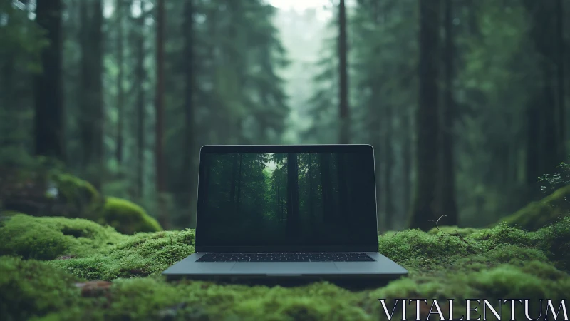 Laptop rests in a serene mossy forest, uniting tech and nature