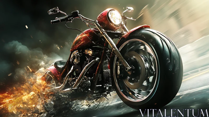 Powerful red motorcycle racing through city street.