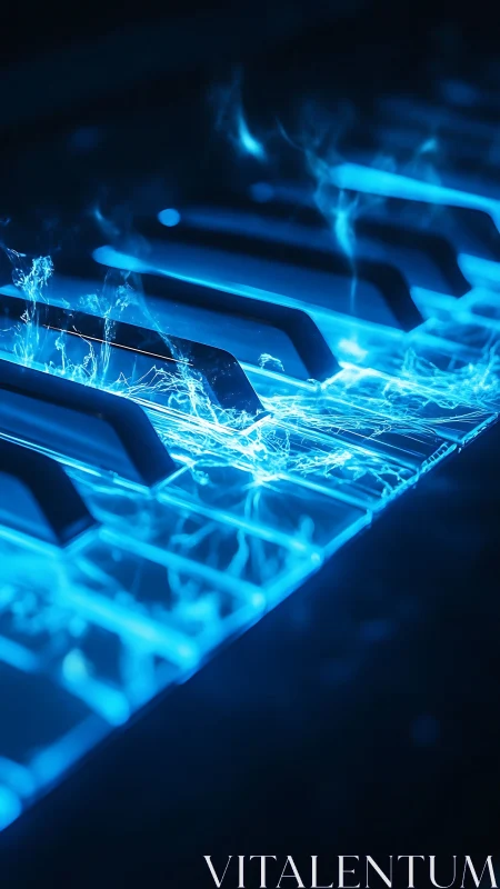 Electric blue piano keys with luminous digital energy.