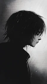 Melancholic profile in rain, stark monochrome mood study.