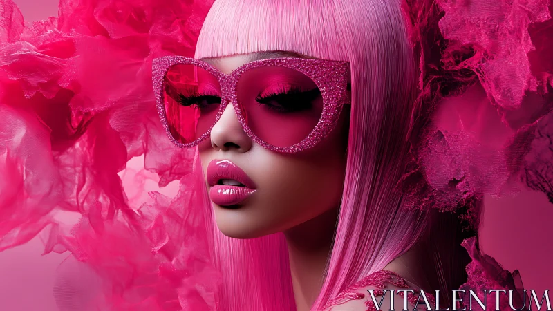 Monochrome pink portrait with oversized glitter sunglasses.