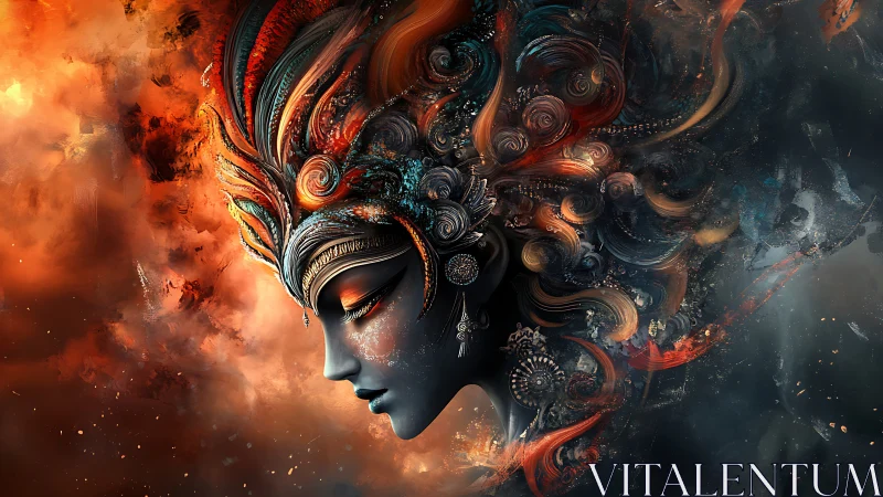 Mythic profile portrait with ornate fiery abstract headdress.
