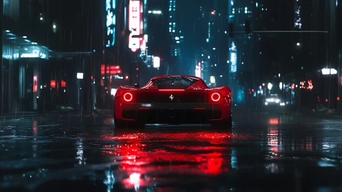Red supercar under neon rain on empty city street.