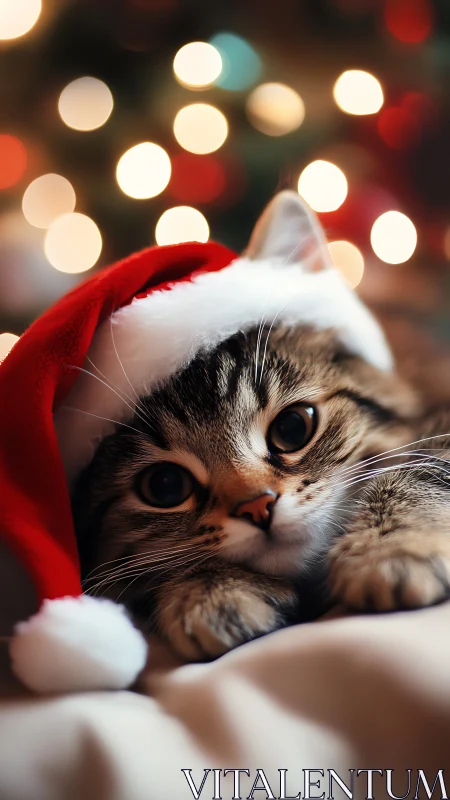 Cute tabby kitten in Santa hat with warm holiday lights.