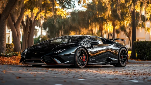 Gloss-black V10 supercar under golden-hour arboreal canopy.