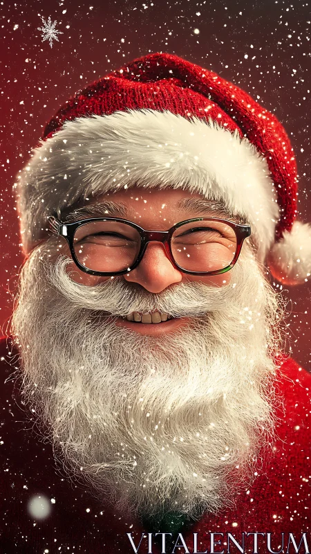 Smiling Santa Claus portrait in snowfall on red background.