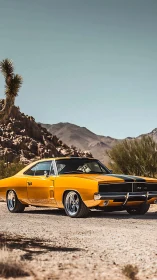 Bright yellow muscle car parked on desert mountain road.