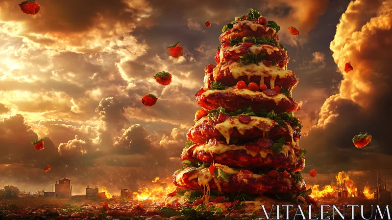 Colossal pizza tower claims the burning sunset horizon