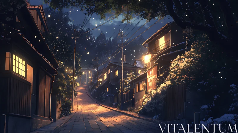 Cozy lantern-lit hillside street glowing under winter twilight.