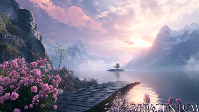 Blossom-lined boardwalk into sunrise-kissed fjord calm.