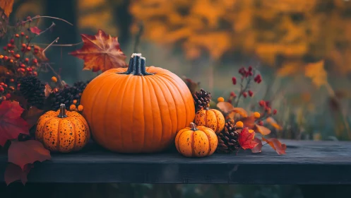 Pumpkins rest on wooden surface with autumn leaves and pinecones