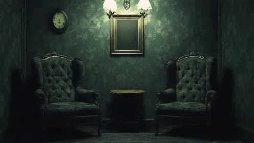 Victorian lounge vignette in moody green chiaroscuro light.
