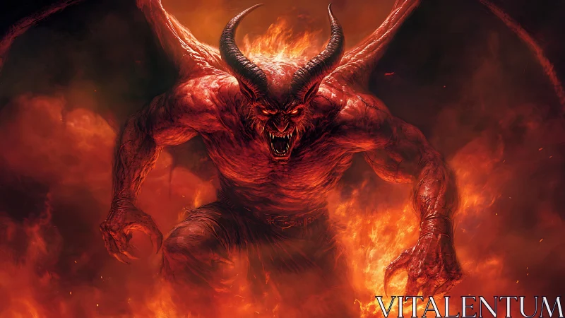 Horned demonic creature roars amid intense surrounding flames