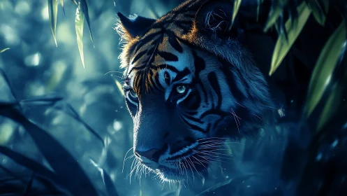 Tiger in dense foliage under cool blue-toned lighting.