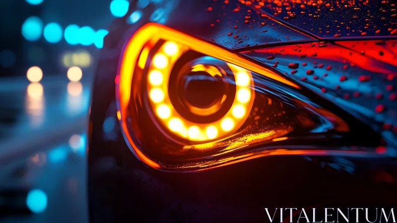 Neon-lit sports car headlight with raindrops and bokeh glow.