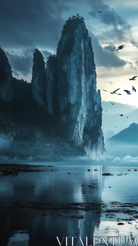 Monolithic Rock Formation in Shallow Water Landscape