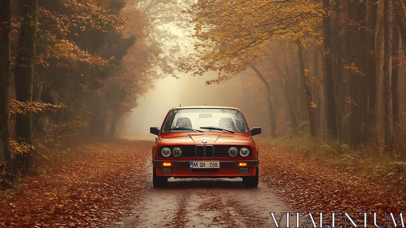 Red classic BMW on misty forest road in autumn foliage.