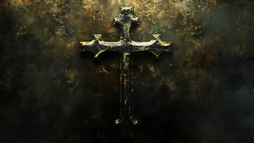 Weathered golden cross glowing against a dark, rustic wall.