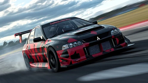 Racing-tuned Mitsubishi Lancer Evo cornering on track.