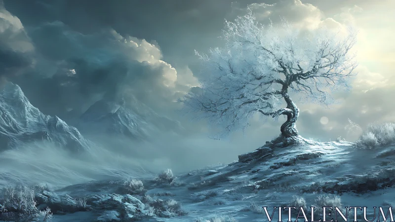 Solitary frosted tree crowns windswept winter hillside