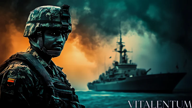 Calm naval soldier standing before a warship at sea.