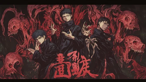 Triplicated sorcerer trio amid hemorrhagic spectral biomass.